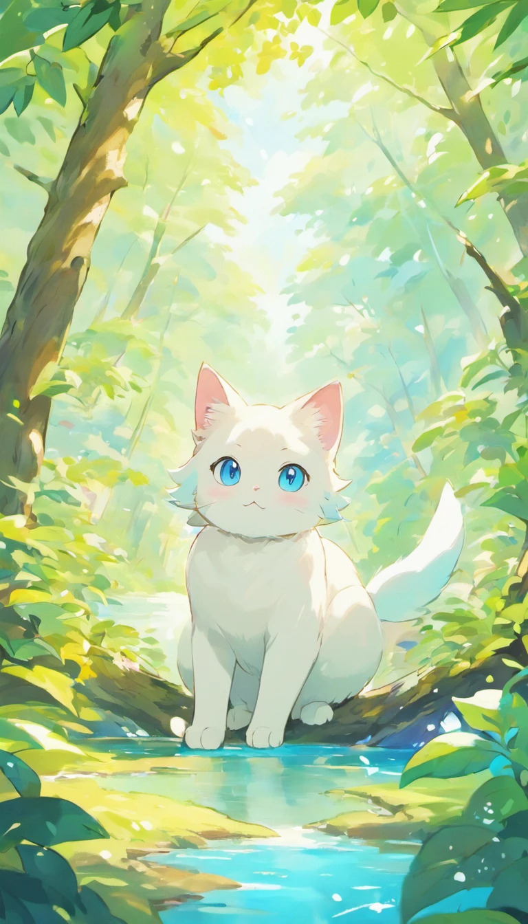 White cat、Blue eyes、sidelong glance、Inside a fantastic forest with a large lake in the background、Elegance、narrow her eyes、Fantastical、hali々and has、Condescending、Go straight towards the tree branch