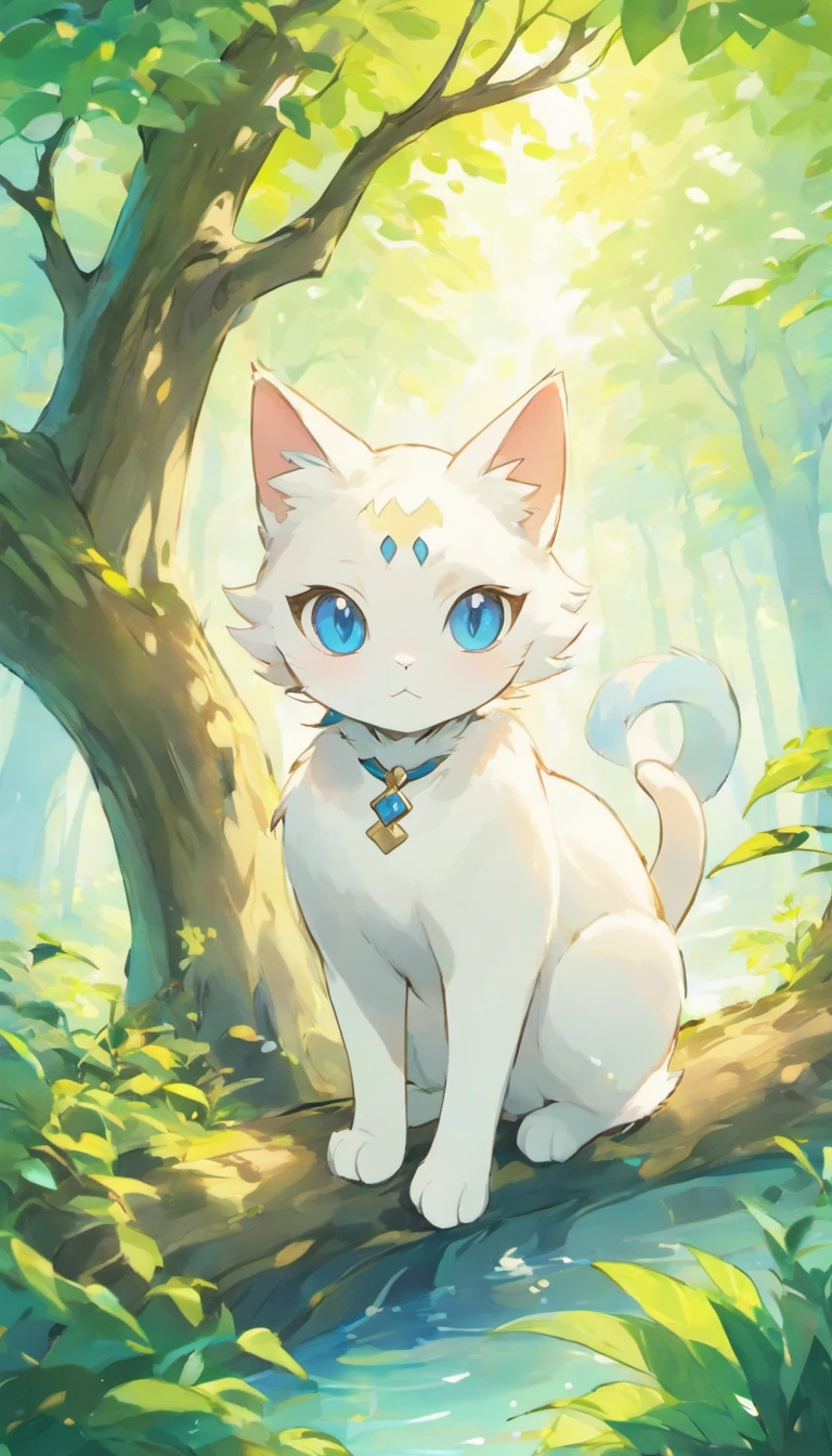 White cat、Blue eyes、sidelong glance、Inside a fantastic forest with a large lake in the background、Elegance、narrow her eyes、Fantastical、hali々and has、Condescending、Go straight towards the tree branch