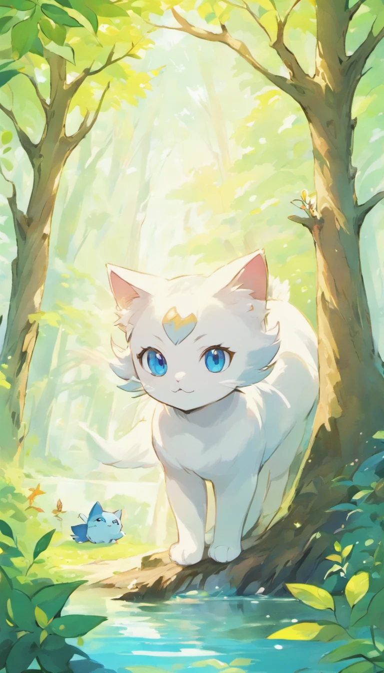 White cat、Blue eyes、sidelong glance、Inside a fantastic forest with a large lake in the background、Elegance、narrow her eyes、Fantastical、hali々and has、Condescending、Go straight towards the tree branch