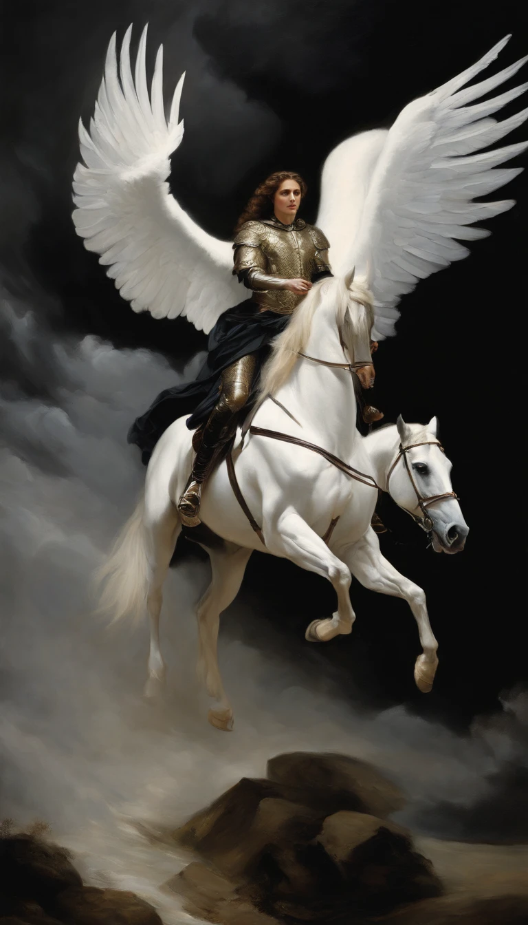 an oil painting,, A breathtaking masterpiece, Vivid,  Caravaggio, 8K，angelicales，Fallen Angel，Fallen angel riding a white horse，dark angel，Black Angel，Hakuba、Black clothe，Black wings