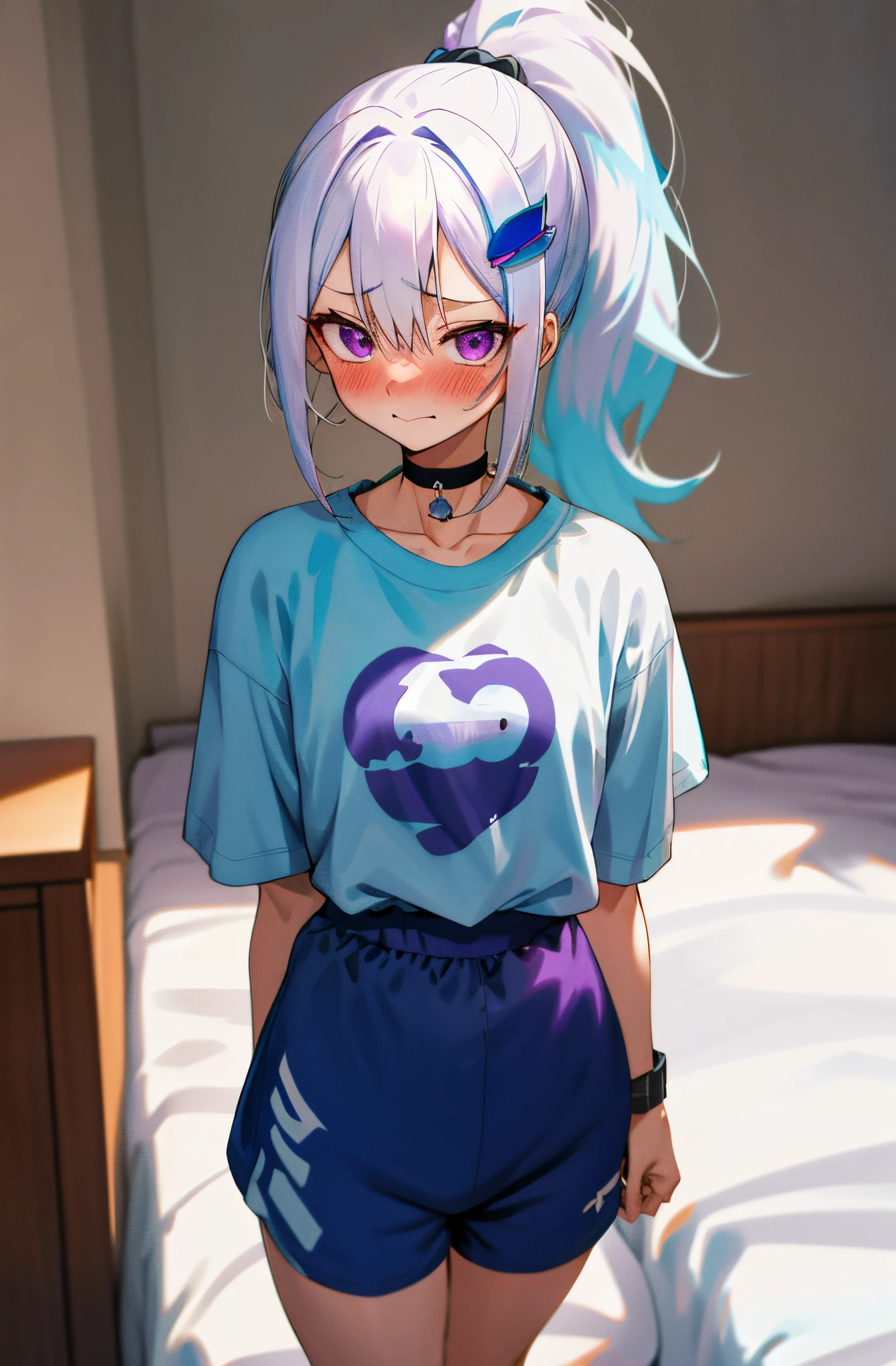 One girl with high ponytail hair, white hair, blue inner hair, purple eyes, looking at viewer, sleepy, blushing, embarrassed, little smile, wake up from sleep, t shirt, sport shorts, bedroom, thigh, slim, dizzy, choker, mid-chest, wide hips, perfect waist, morning atmosphere, hair ornament, standing,