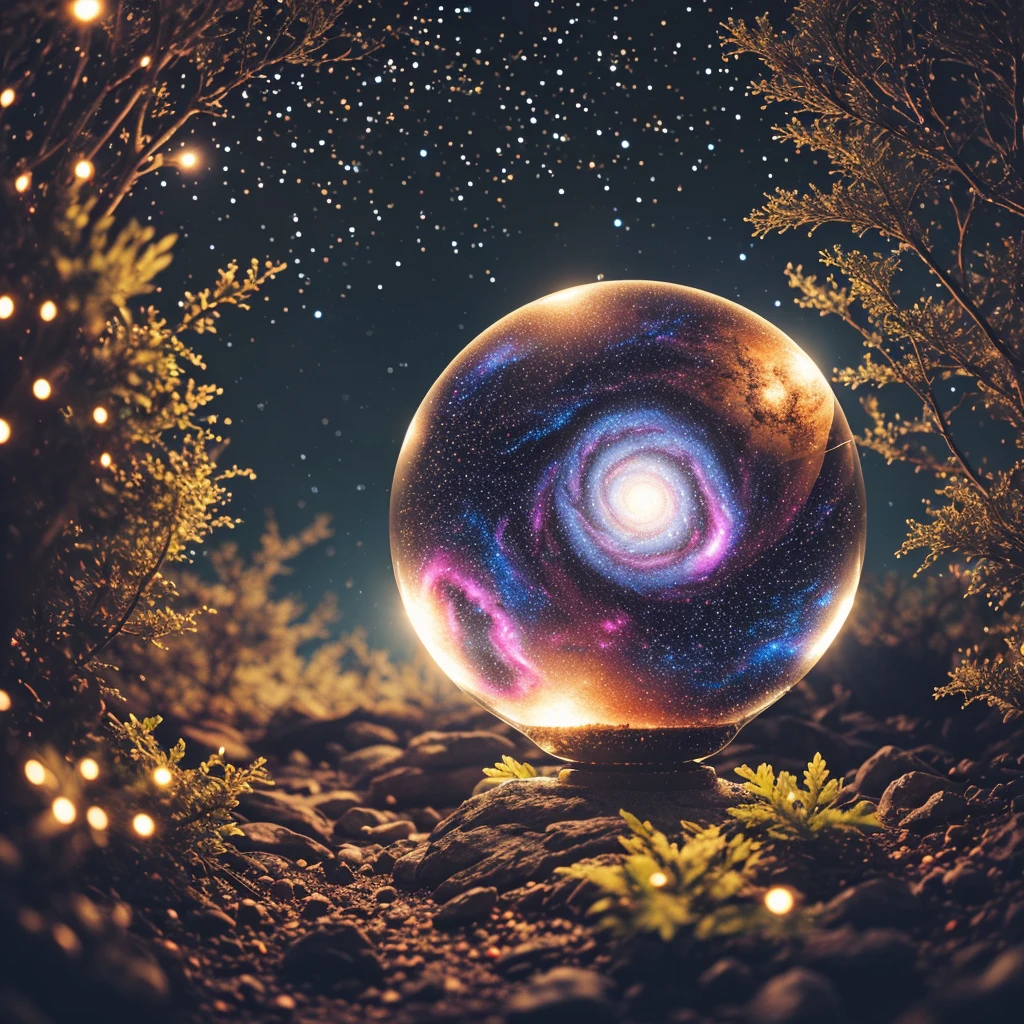 (An intricate galaxy trapped in a crystal), atmospheric Oliva lighting, enchanting forest, 4k UHD, dark vibes, sparkling lights, hyper detailed, vibrant colors forest background, epic composition, octane render, sharp focus, high resolution isometric