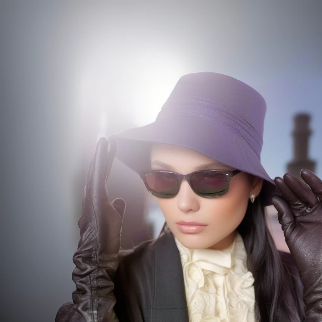 Woman wearing a purple hat and black gloves holds a mobile phone, Handschuhe und Schmuck. Bewegung, Handschuhe aus Leder, Fashion Portrait Photo, Elegantes Modemodell, modische Frau, Tragen von Handschuhen, mit dunkelbrauner Sonnenbrille, lila Lederbekleidung, elegante Frau, High-End-Mode-Fotoshooting, inspiriert von Evaline Ness, Anna Nikonova, Model mit Sonnenbrille, elegant girl