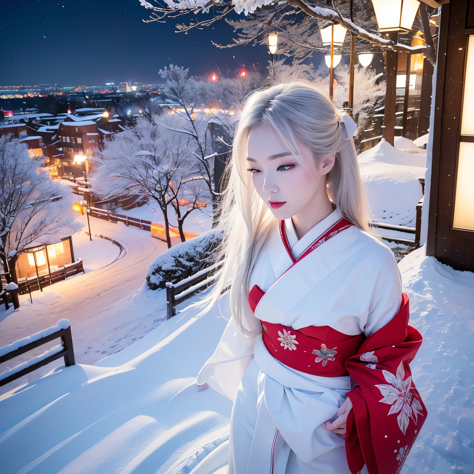 super high quality, 8k, RAW photo, realistic, detailed and delicate depiction and flashy and dynamic painting method, beautiful snow woman is looking down, white hair, white eyes, white Japanese kimono, powder snow and peony snow are falling, snowstorm, background street lights, cityscape, (magnificent view:1.3)