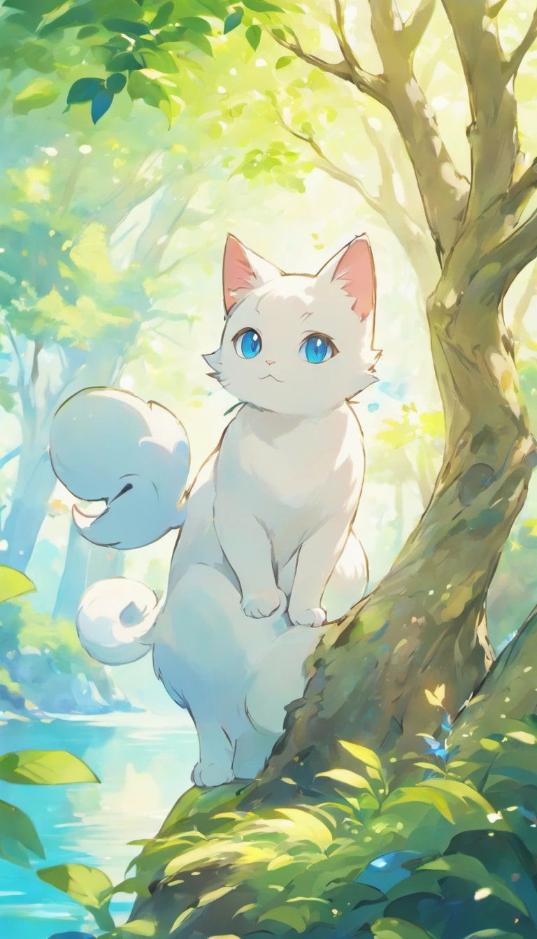 White cat、Blue eyes、sidelong glance、Inside a fantastic forest with a large lake in the background、Elegance、narrow her eyes、Fantastical、hali々and has、Condescending、Go straight towards the tree branch