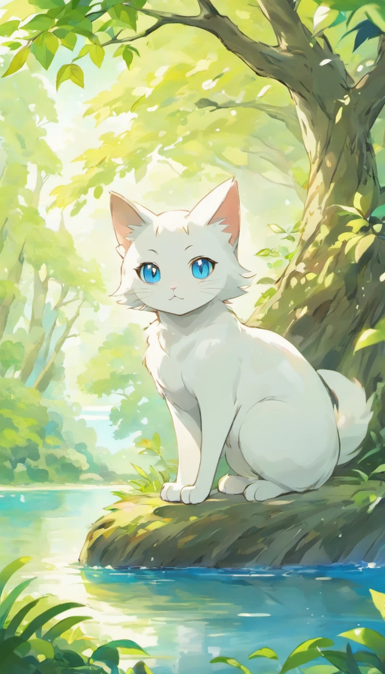 White cat、Blue eyes、sidelong glance、Inside a fantastic forest with a large lake in the background、Elegance、narrow her eyes、Fantastical、hali々and has、Condescending、Go straight towards the tree branch