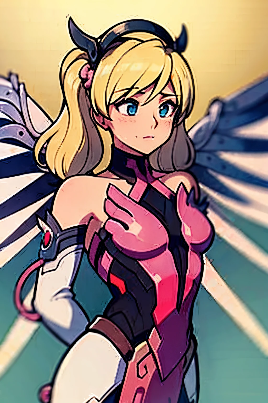 Mercy, overwatch, best quality, master part, extremamente detalhado, Antecedentes detalhados, 1girl, sozinho, cabelos longos, flor, fundo branco, Flor Rosa, fundo simples, Perfil, parte superior do corpo, camisa, camisa branca, flor branca, arco, franja, folha, corar