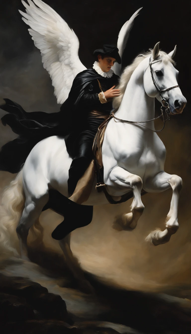 an oil painting,, A breathtaking masterpiece, Vivid,  Caravaggio, 8K，angelicales，Fallen Angel，Fallen angel riding a white horse，dark angel，Black Angel，Hakuba、angel in black clothes，Black Feathered Angel