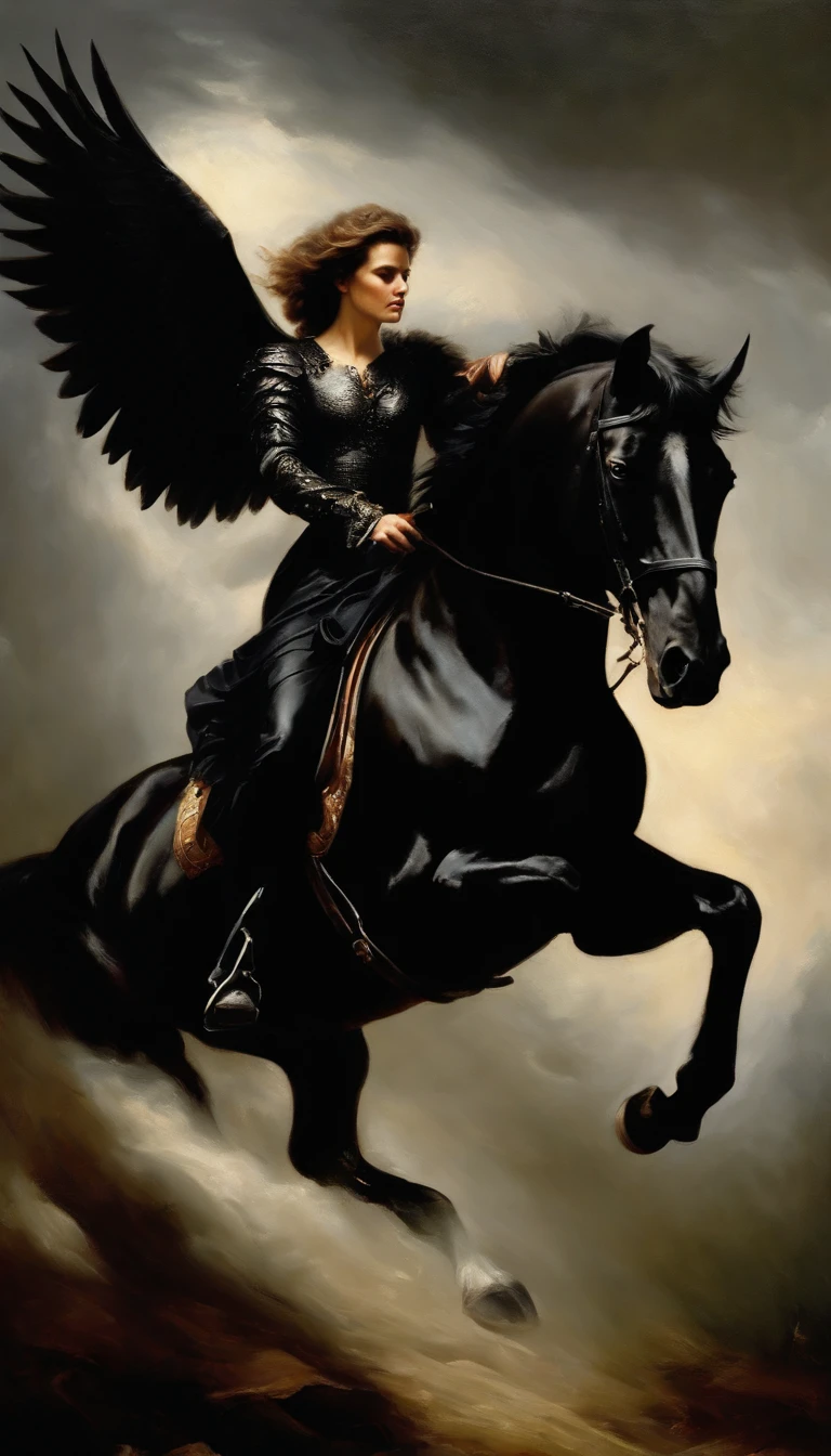 an oil painting,, A breathtaking masterpiece, Vivid, Caravaggio, 8K,angelicales,Fallen Angel,Fallen angel riding a white horse,dark angel,Black Angel,Hakuba、angel in black clothes,Black Feathered Angel