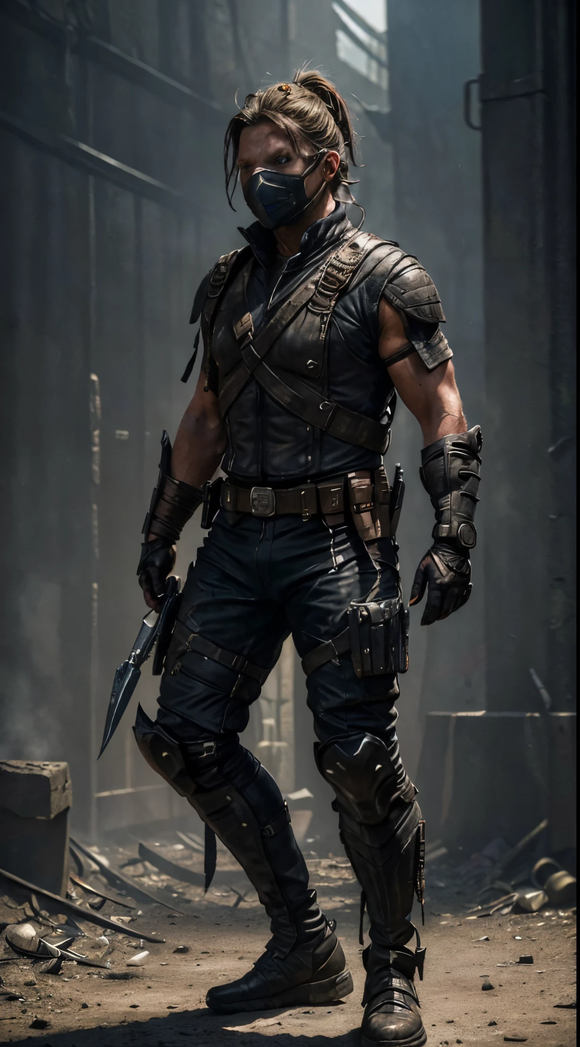 ((Bradley Cooper)) as Kabal from Mortal Kombat, solo, short ponytail, (face covered by a respirator:1.2), wears a wasteland outfit, (wields hooks:1.2), (cowboy shot), (full body view), (full body render), intricate, high detail, sharp focus, dramatic, photorealistic painting art by greg rutkowski