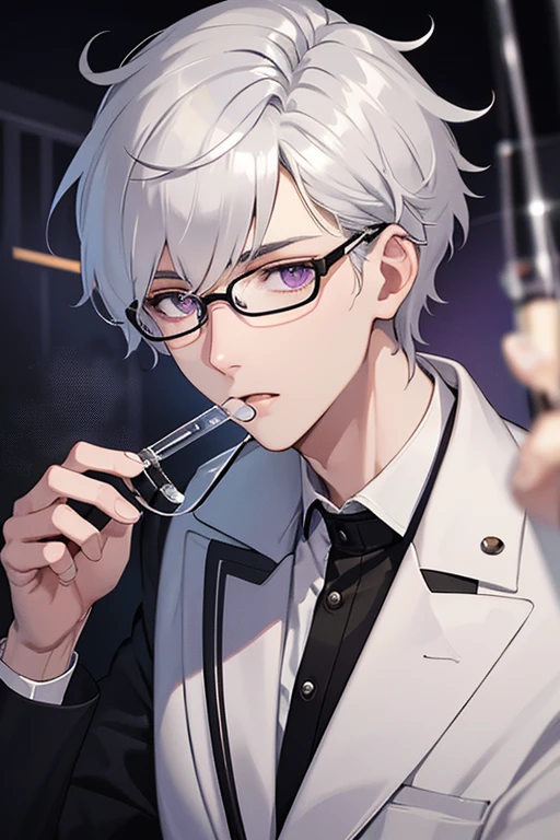 masterpiece,best quality, male focus,white coat,One beautiful man,scientist,short hair,20 years old,expressionless,silver hair,purple eyes,close-up,droopy eyes,single eyelid, slender,glasses,plastic frame eyewear,in the prison,spooky atmosphere,handsome face,horror,in the darkness, disheveled hair,shirt,handcuffs,test tube,