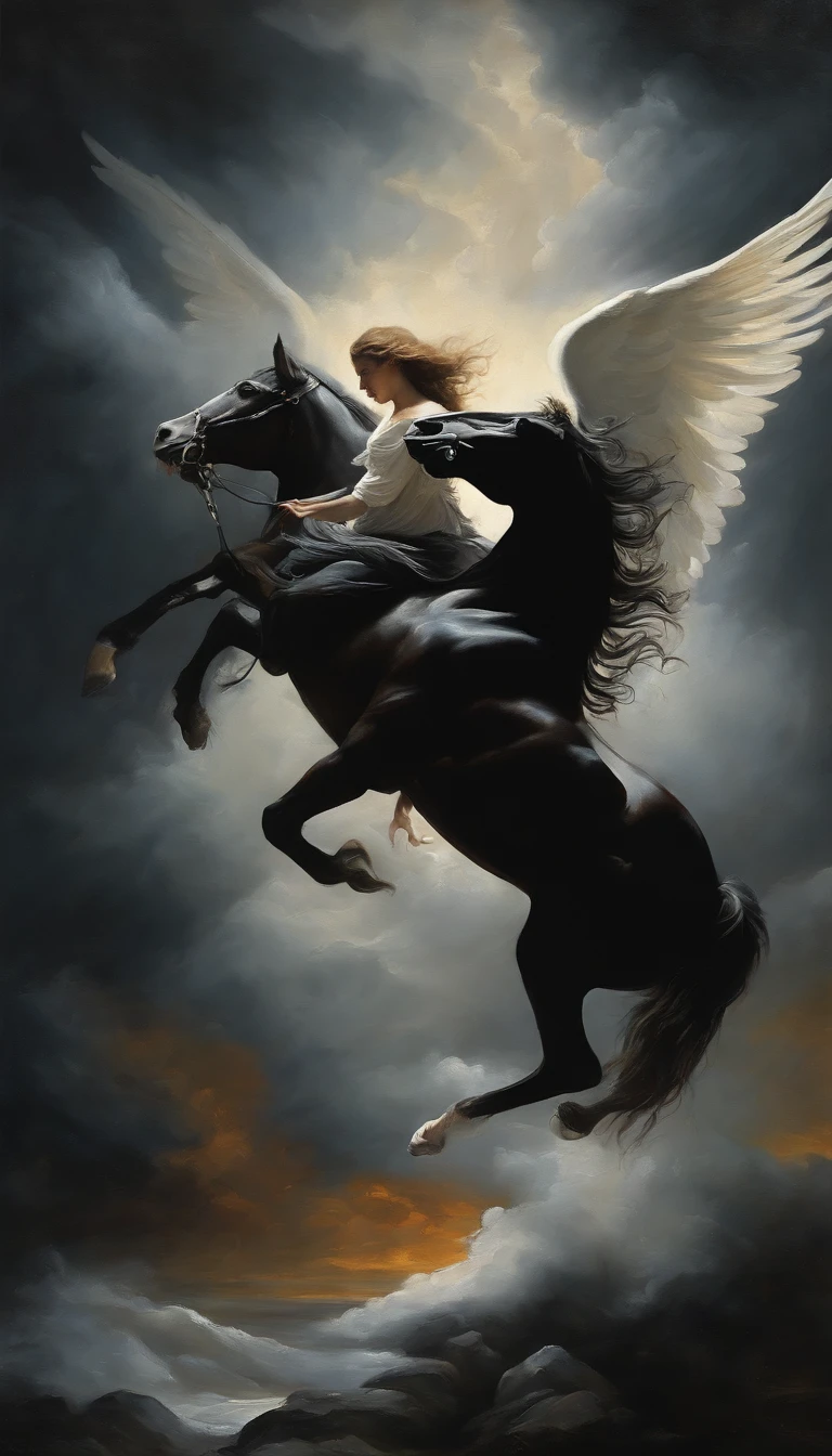 an oil painting,, A breathtaking masterpiece, Vivid,  Caravaggio, 8K，angelicales，Fallen Angel，fallen angel riding a black horse，and an angel，White Angel，Kuroma