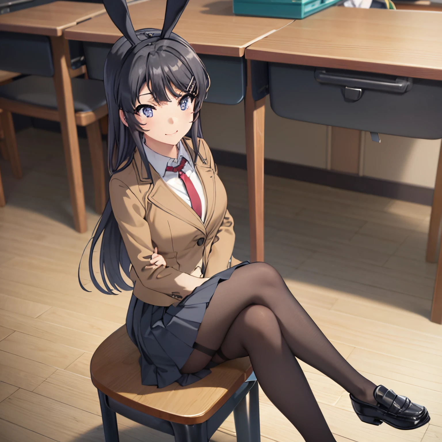 Mai Sakurajima, 1 girl, alone, long hair, looking at viewer, bangs, skirt, shirt, black hair, blue eyes, animal ears, sitting, sitting at desk, school uniform, jacket, white shirt, pantyhose, pleated skirt, headband, tie, shoes, black shoes, bunny ears, lips, blue skirt, black pantyhose, fake animal ears, chair, jacket, brown jacket, cleavage, red tie, loafers, desk, classroom, desk, on the desk, Crossed legs, big breasts, medium waist, medium hips, medium thighs, embarrassed, seductive, smiling, mouth closed