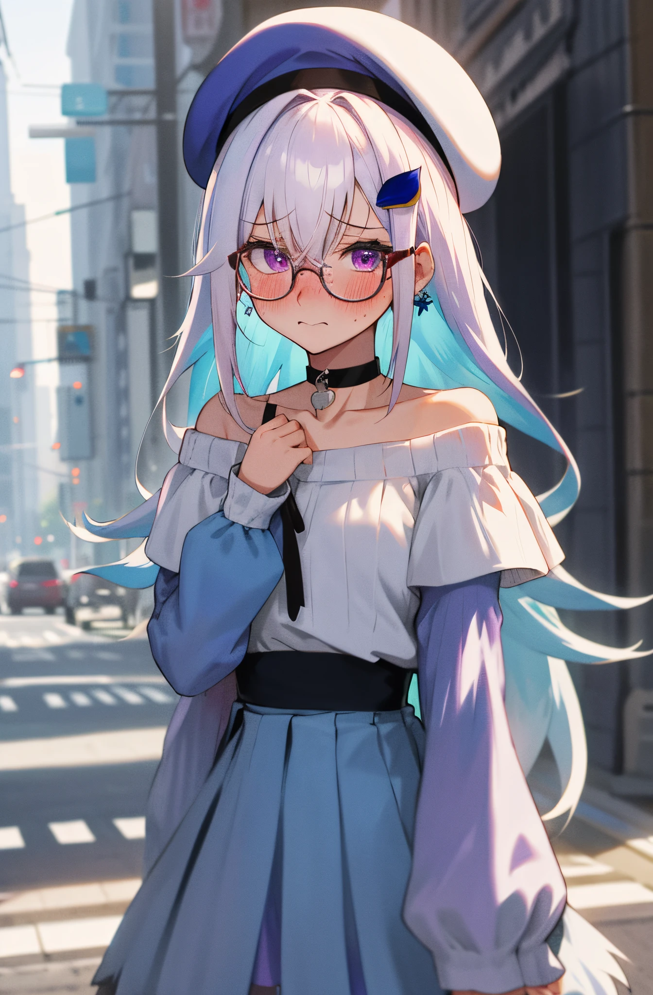 One girl with long hair, white hair, blue inner hair, purple eyes, looking at viewer, blushing, embarrassed, (embarrassed:1.2), sweaters, mini skirt, beret, outdoor, road, earring, slim, dizzy, choker, mid-chest, wide hips, perfect waist, morning atmosphere, hair ornament, standing, upper body, glasses