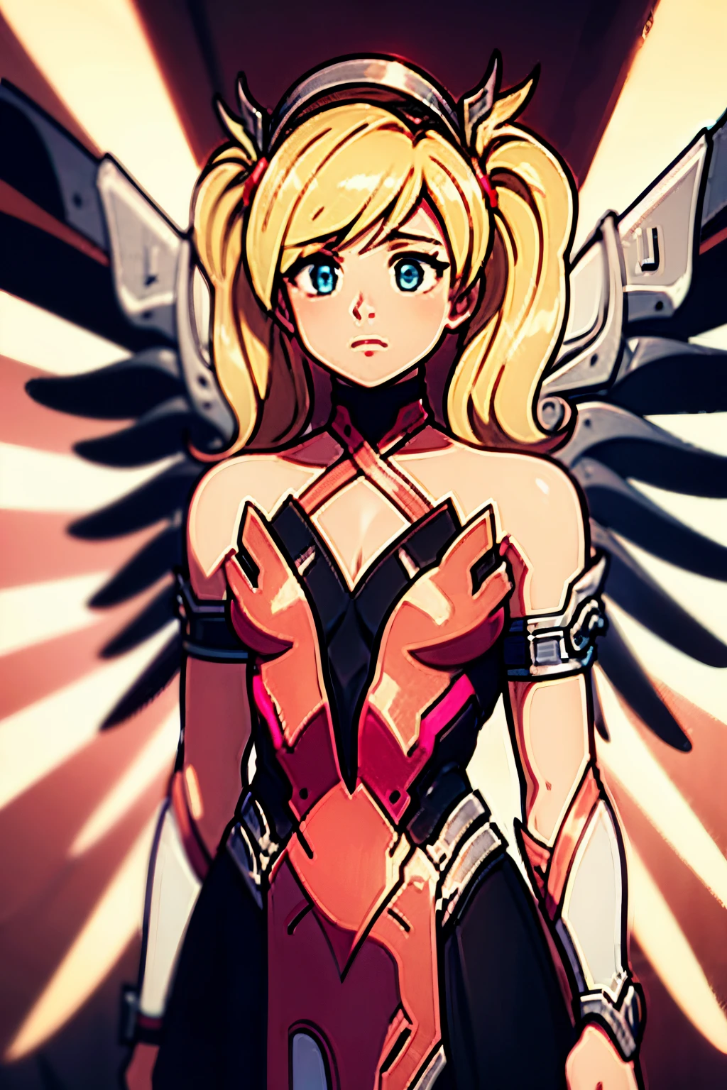 Mercy, overwatch, best quality, master part, extremamente detalhado, Antecedentes detalhados, 1girl, sozinho, cabelos longos, flor, fundo branco, Flor Rosa, fundo simples, Perfil, parte superior do corpo, camisa, camisa branca, flor branca, arco, franja, folha, corar