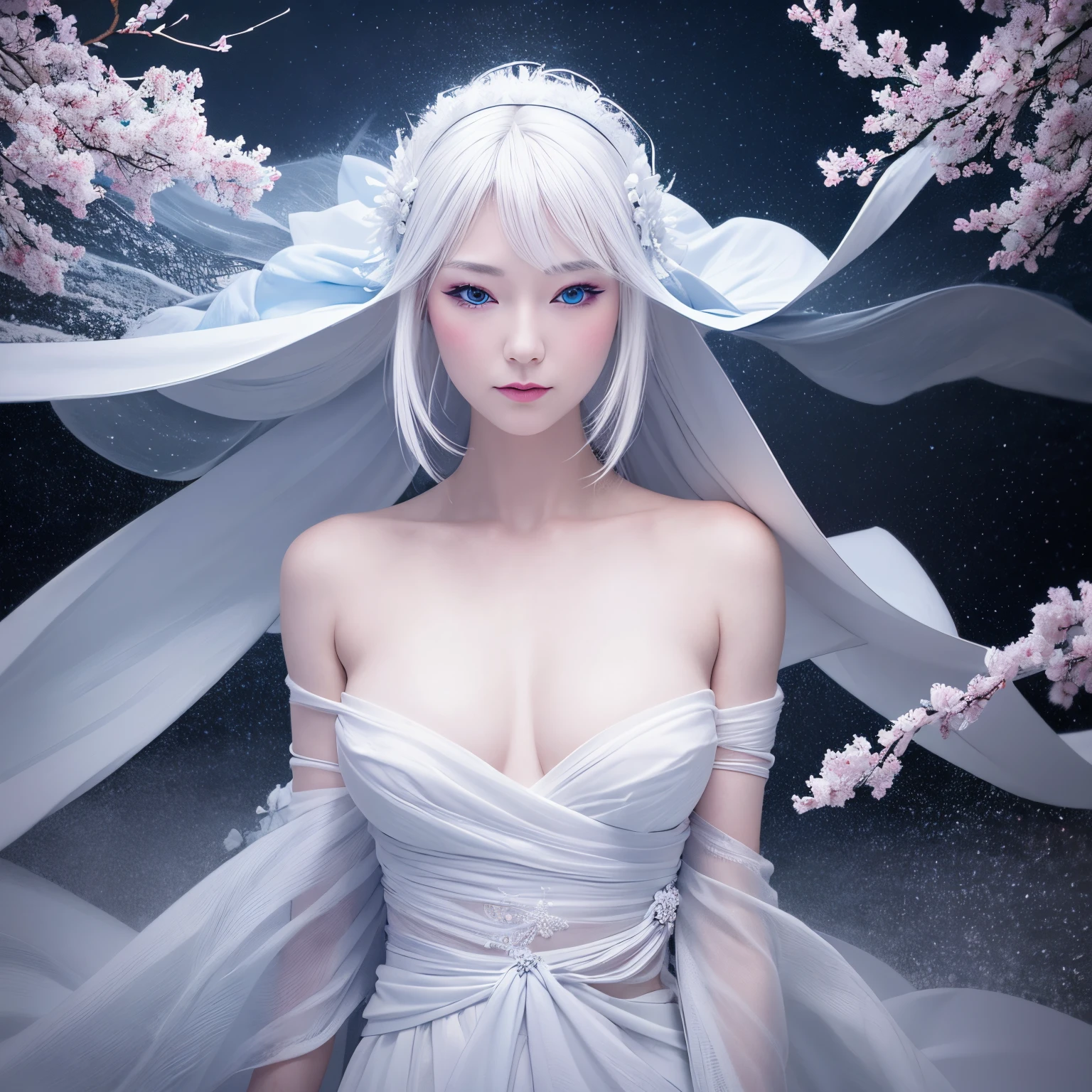 super high quality, 8k, RAW photo, realistic, detailed and delicate depiction and flashy and dynamic painting method, beautiful snow woman is looking down, white hair, white eyes, white Japanese kimono, powder snow and peony snow are falling, snowstorm, background street lights, cityscape, (magnificent view:1.3)