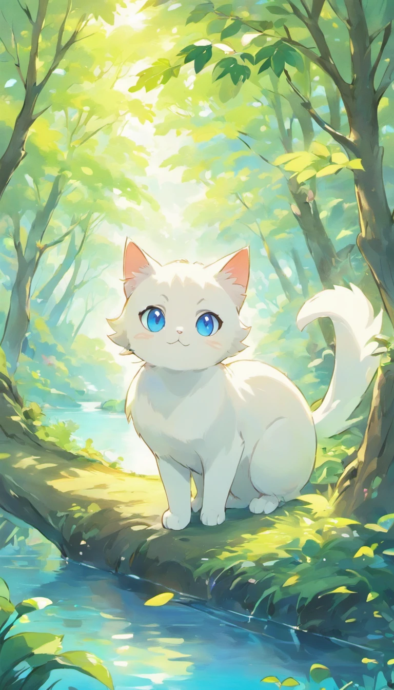 White cat、Blue eyes、sidelong glance、Inside a fantastic forest with a large lake in the background、Elegance、narrow her eyes、Fantastical、hali々and has、Condescending、Go straight towards the tree branch