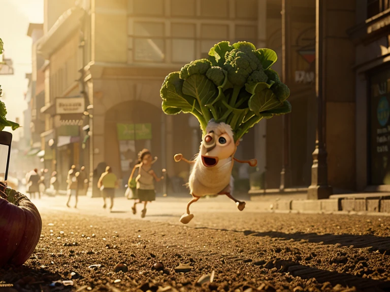 A cauliflower runs in the vegetable market,Pixar animation style
