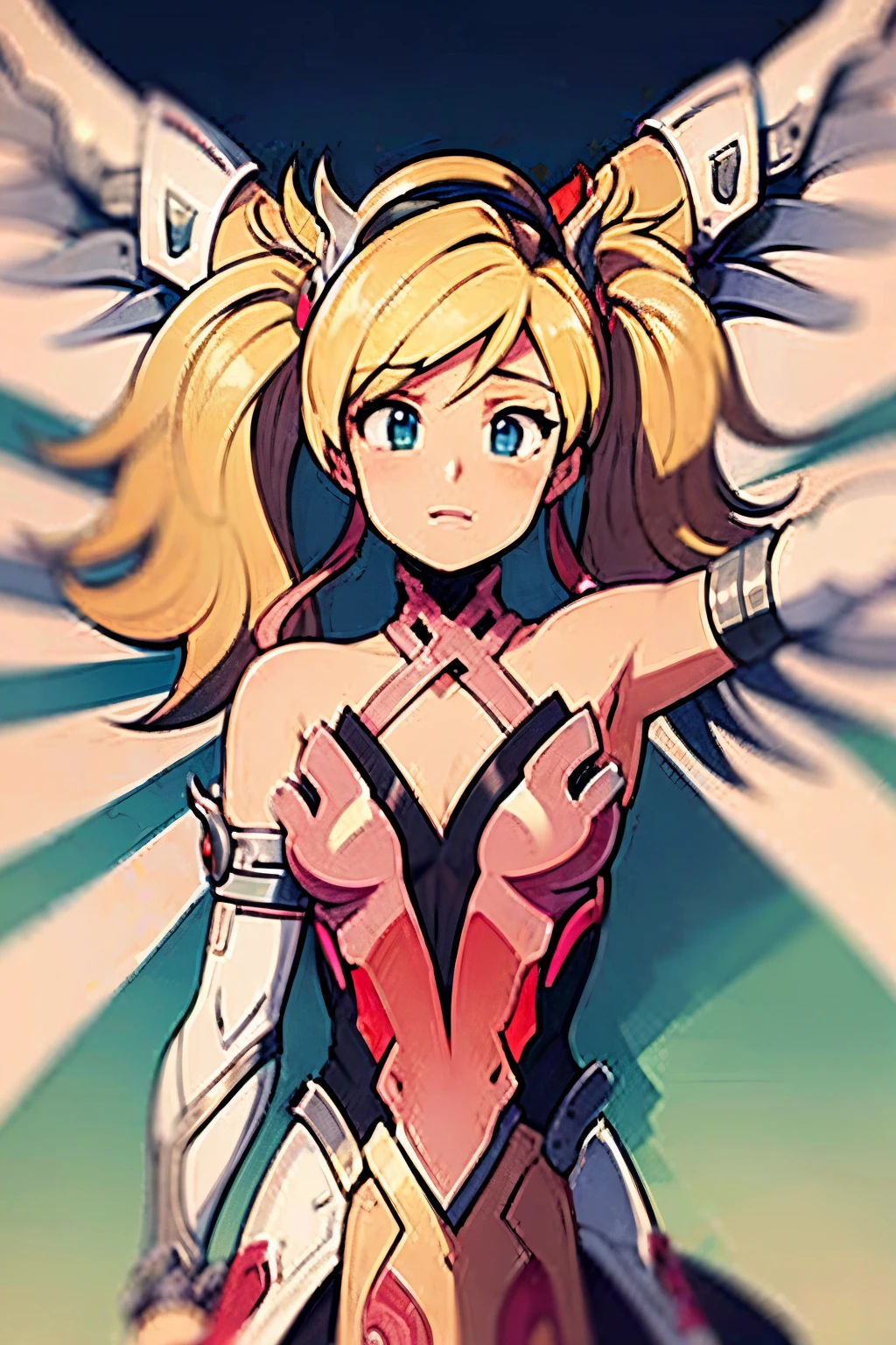 Mercy, overwatch, best quality, master part, extremamente detalhado, Antecedentes detalhados, 1girl, sozinho, cabelos longos, flor, fundo branco, Flor Rosa, fundo simples, Perfil, parte superior do corpo, camisa, camisa branca, flor branca, arco, franja, folha, corar