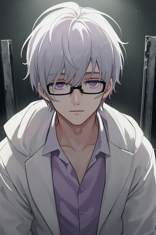 masterpiece,best quality, male focus,white coat,One beautiful man,scientist,short hair,20 years old,expressionless,silver hair,purple eyes,close-up,droopy eyes,single eyelid, slender,glasses,plastic frame eyewear,in the prison,spooky atmosphere,handsome face,horror,in the darkness, disheveled hair,shirt,handcuffs,test tube,