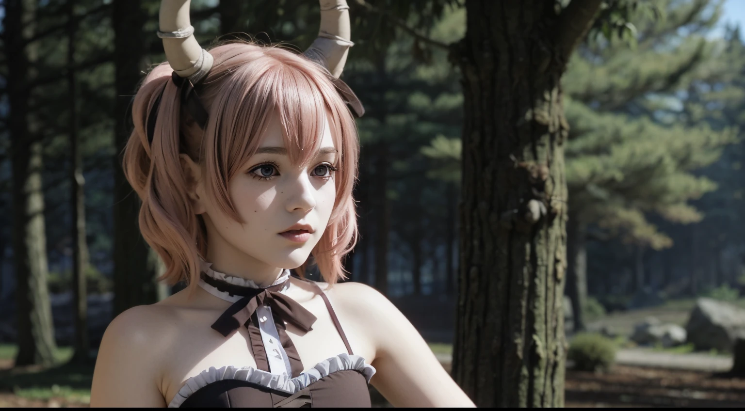 solo, Linie,1girl, dress,brown ribbon,frills,corset, upper body, horns, detailed face, detailed eyes, beauty, extremely beautiful face, pink hair, looking at viewer, purple eyes, forest