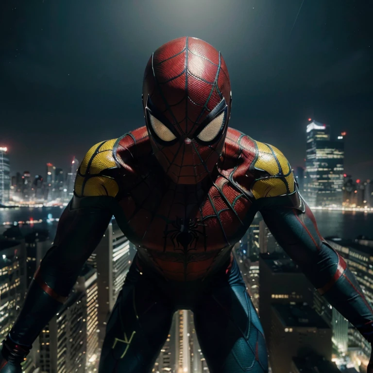 (best quality, highres, 4k, ultra-detailed, masterpiece:1.2), realistic, black spiderman, detailed eyes and face, vibrant greens, yellows, blues, dynamic action pose, nighttime cityscape, web-slinging, intense lighting, comic book style, sharp focus, bold colors, superhero, vivid colors, city skyline silhouette, powerful superhero landing