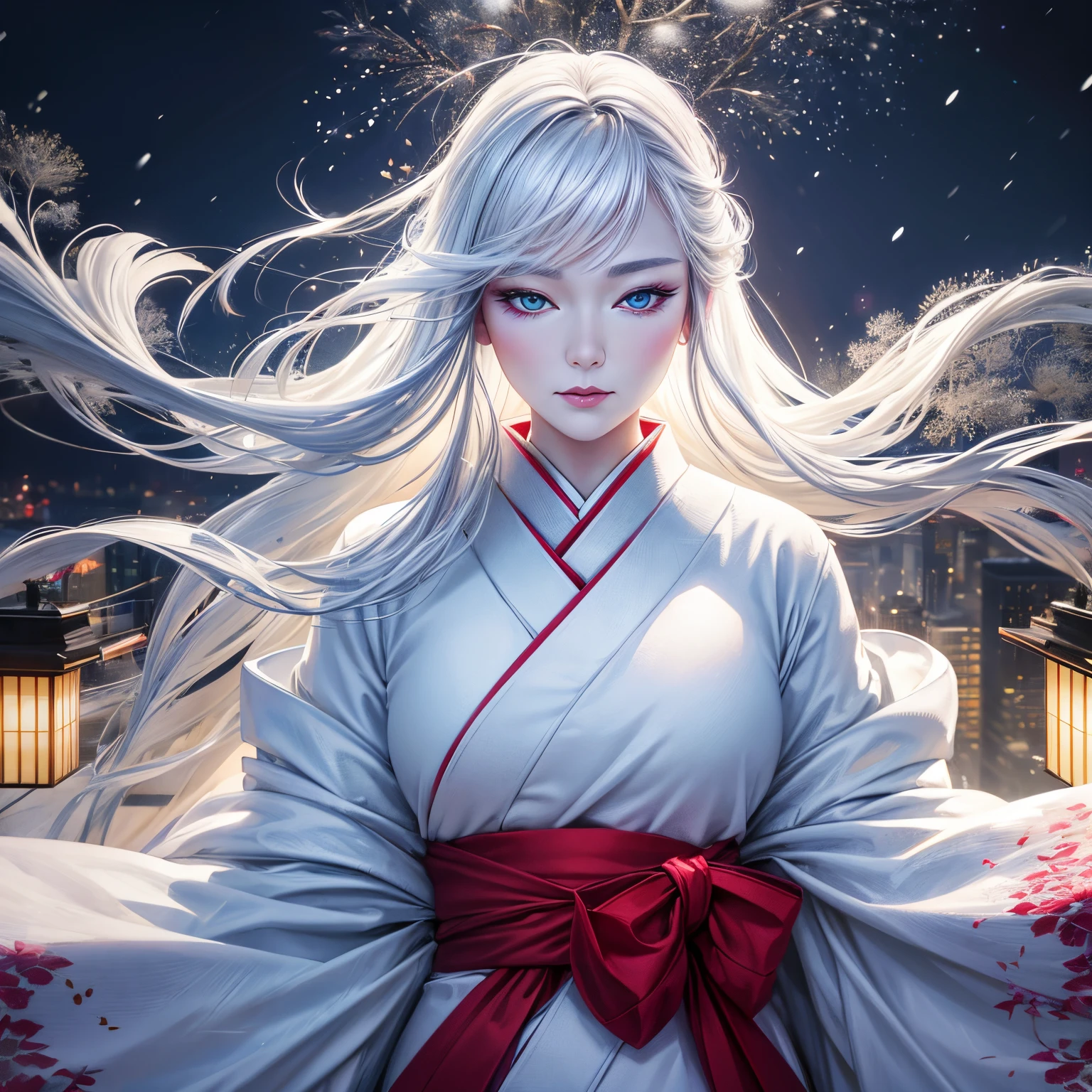 super high quality, 8k, RAW photo, realistic, detailed and delicate depiction and flashy and dynamic painting method, beautiful snow woman is looking down, white hair, white eyes, white Japanese kimono, powder snow and peony snow are falling, snowstorm, background street lights, cityscape, (magnificent view:1.3)