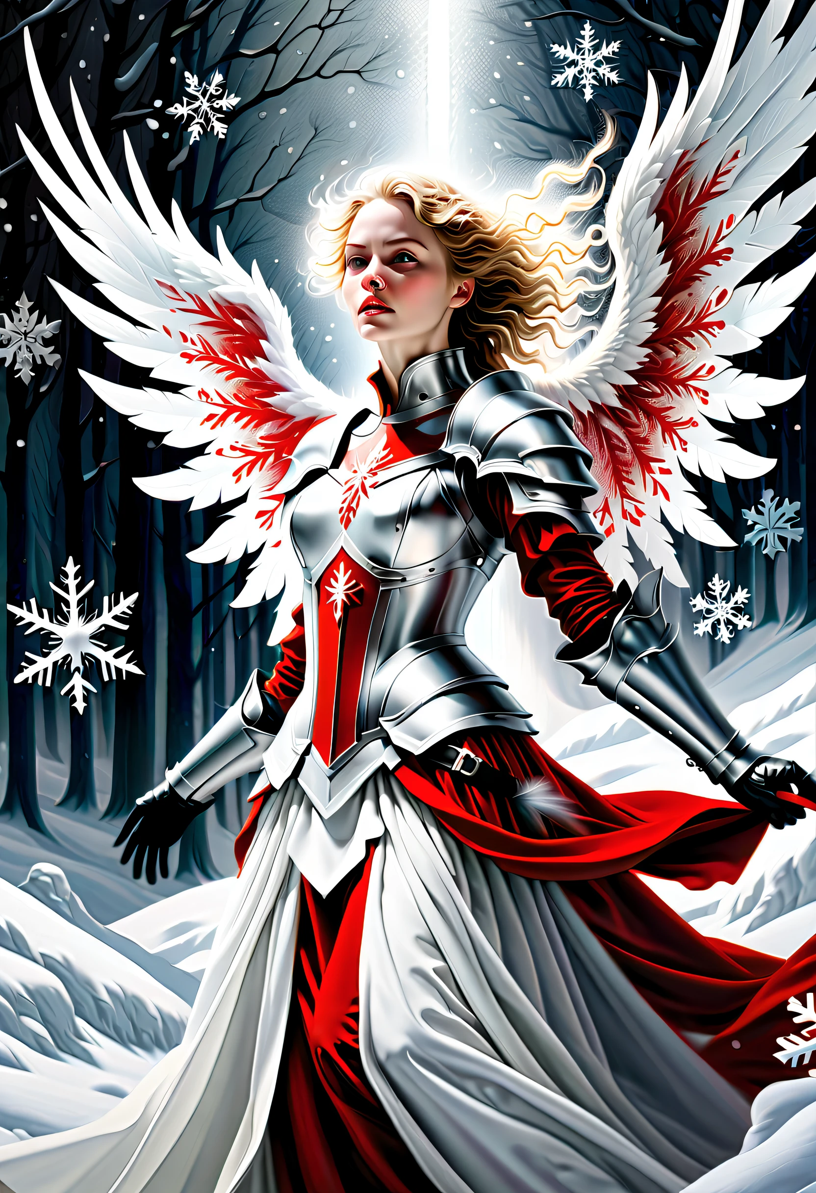 (((A detailed and delicate majestic acrylic painting visual illustration of the White and Red Knight.:1.3))), (((With angel core, eternal fantasy and dark fantasy style:1.3))), cute woman screaming, (((snowflake core landscape detail glow:1.3))), In the howling wind and swirling snow、Enhance the cinematic feel of this realistic rendering。, (((Noble fine detail coating:1.3))), high intricate detailed, (((hightquality:1.3))), (((Highest Quality:1.3))), (((Smooth and non-fluid skin:1.2))), (((beautiful detail、Dim glow:1.1))), Conceptual contrast, Natural lighting, (((All captured with sharp focus:1.4))), Render in astonishing 32K resolution,