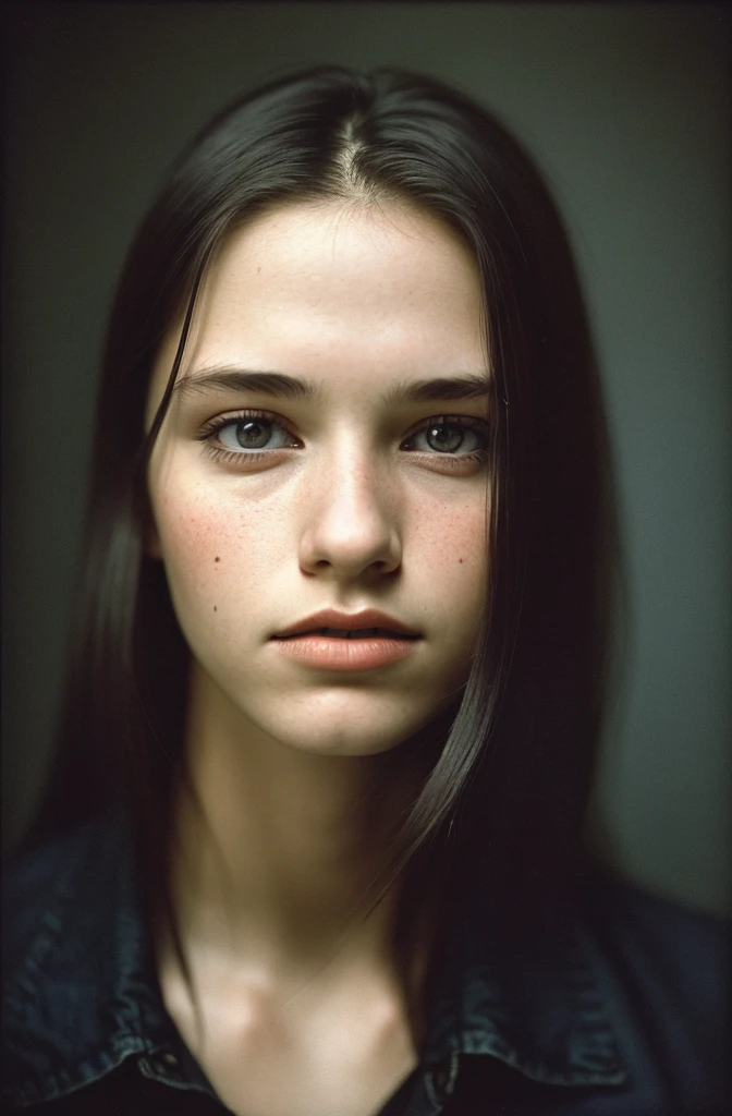 (close-up, editorial photograph of a 20-year-old woman from the early 2000s), (highly detailed face:1.4) (smile:0.7) (background inside dark, moody, private study:1.3) POV, by lee jeffries, nikon d850, film bank photography,4 kodak portra 400, camera f1.6 lens, rich colors, hyper realistic, realistic texture, dramatic lighting, cinestill 800,