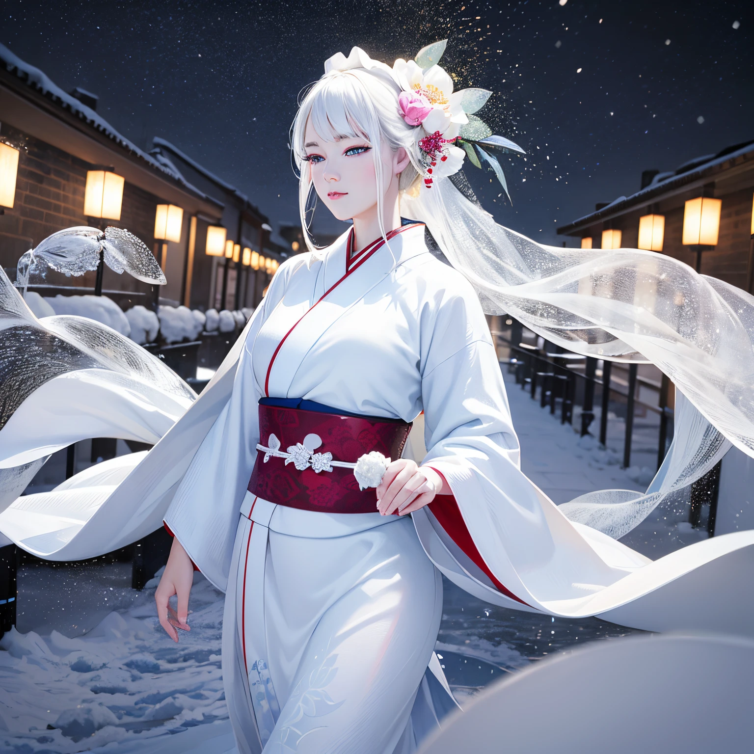 super high quality, 8k, RAW photo, realistic, detailed and delicate depiction and flashy and dynamic painting method, beautiful snow woman is looking down, white hair, white eyes, white Japanese kimono, powder snow and peony snow are falling, snowstorm, background street lights, cityscape, (magnificent view:1.3)