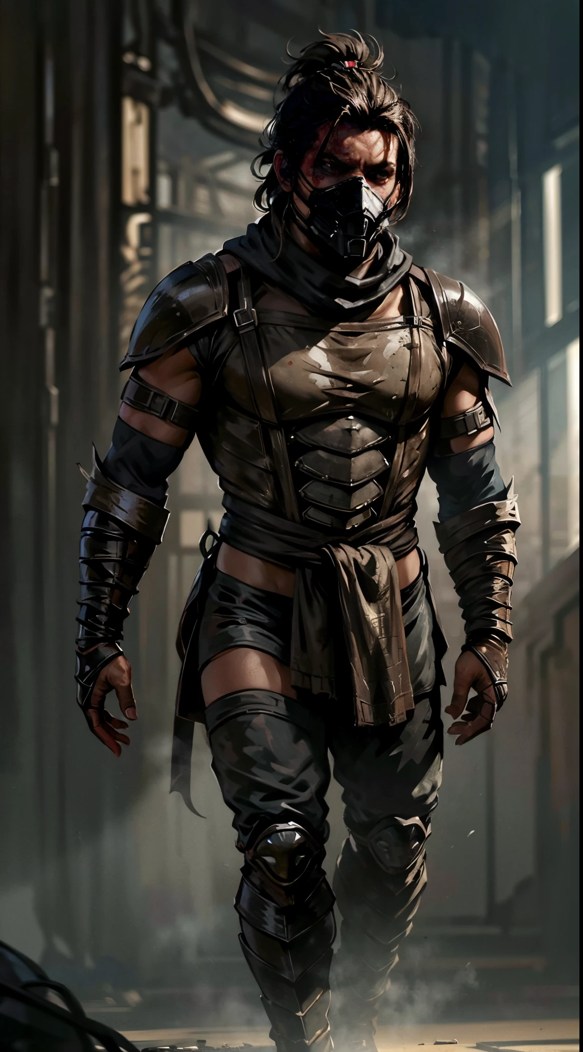 ((Bradley Cooper)) as Kabal from Mortal Kombat, solo, short ponytail, (face covered by a respirator:1.2), wears a wasteland outfit, (wields twin hooks:1.2), (cowboy shot), (full body view), (full body render), intricate, high detail, sharp focus, dramatic, photorealistic painting art by greg rutkowski