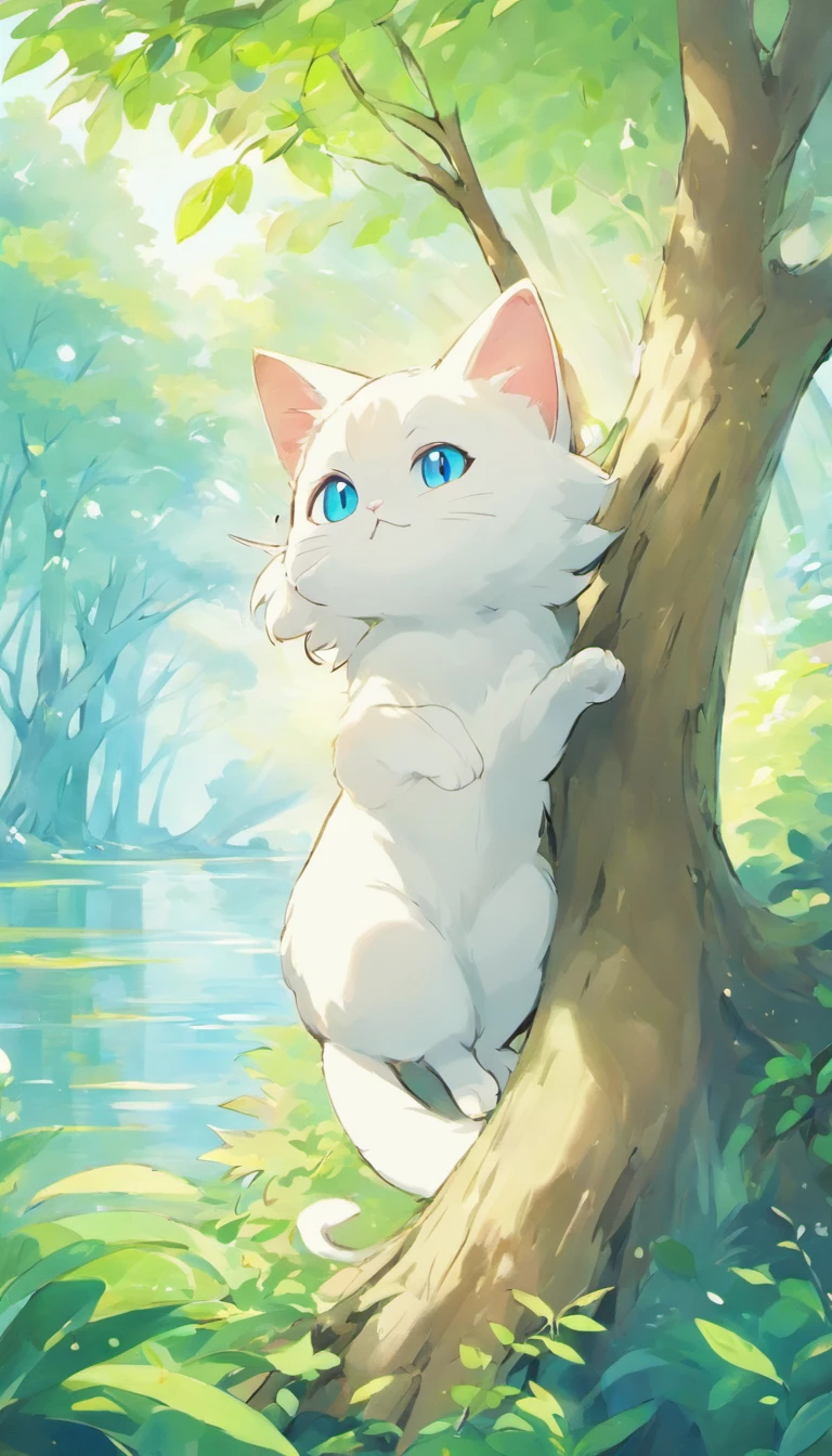 White cat、Blue eyes、sidelong glance、Inside a fantastic forest with a large lake in the background、Elegance、narrow her eyes、Fantastical、hali々and has、Condescending、Go straight towards the tree branch