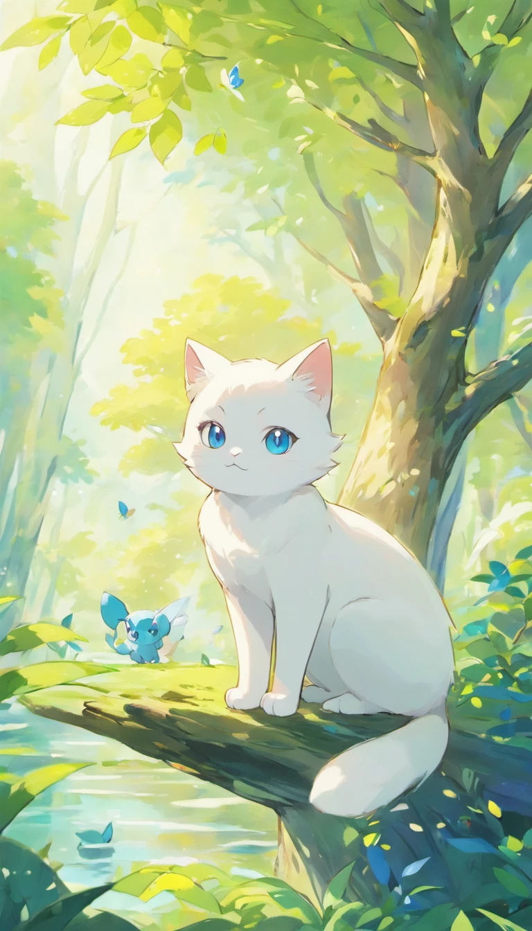 White cat、Blue eyes、sidelong glance、Inside a fantastic forest with a large lake in the background、Elegance、narrow her eyes、Fantastical、hali々and has、Condescending、Go straight towards the tree branch