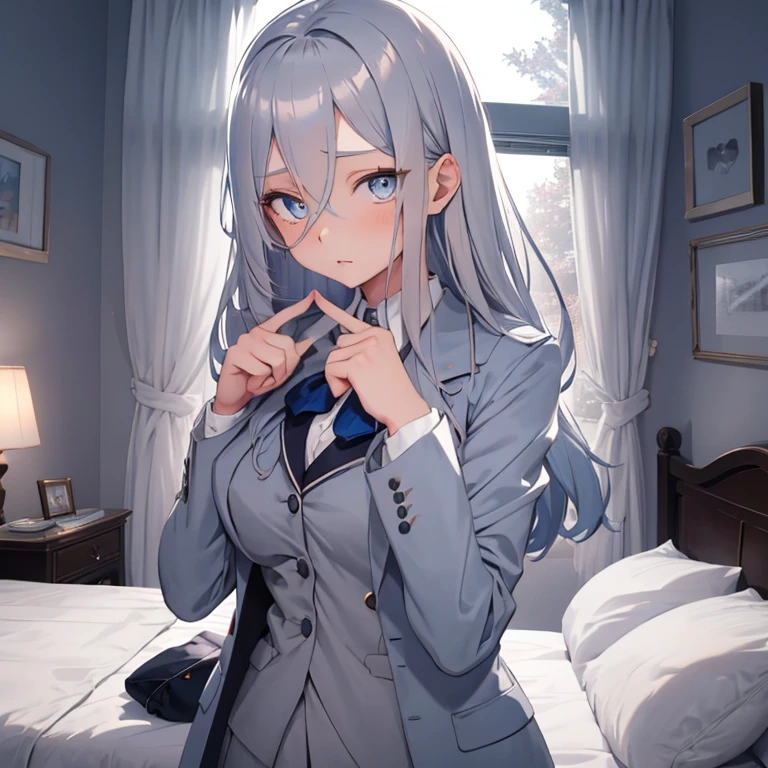 masterpiece, best quality, 1girl, long silver blue hair, middle breast, blue eyes, upper body, nervous, looking at viewer, index fingers together, blazer, bedroom,