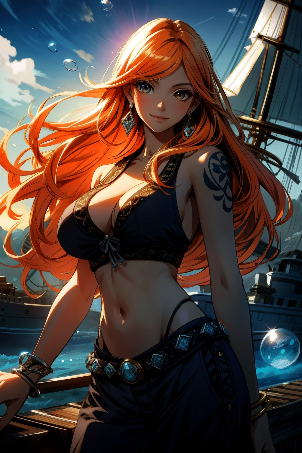 detailed background, masterpiece, best quality, 1girl, solo, nami \(one piece\), 1girl, bangle, blue sky, bracelet, , brown eyes, bubble, big boobs, cloud, cowboy shot, slender body, thin, big eyes, eye-level, soft lighting, sexy pose, day, earrings, floating hair,jewelry, big breasts, log pose, long hair, looking at viewer, navel, orange hair,shoulder tattoo,sky, smile, solo, standing, stomach, , tattoo , looking at viewer, pirate ship on background