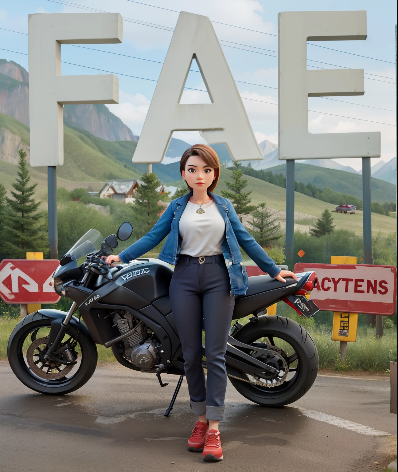 woman standing next to a motorcycle in front of a sign, with mountains in the background, with mountains in background, moutain in background, with mountains as background, in front of a forest background, student, touring, full body picture, hills in the background, mountains in the background, frontal pose, motorcycle, at racer track, cindy avelino, on a road