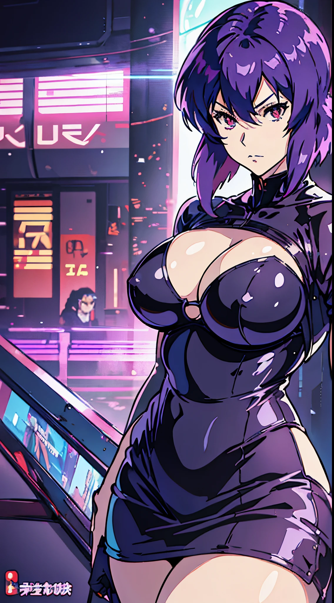 kusanagi motoko, Purple colored hair, red eyes,Anime style woman wearing black tights， anime《Fantasma na Concha》Curly, kusanagi, Misato Katsuragi, Inspired by Morikage Hisumi, anime, Fantasma na Concha, Ghost in the Shell style,seductive anime girls, Anime cute art style, smooth anime cg art, thicc, Anime girl wearing black dress, photorealistic anime girl rendering, ECCHI anime style, realistic anime 3D style, attractive anime girls, noire moody scene, [ 4K digital art ]!!