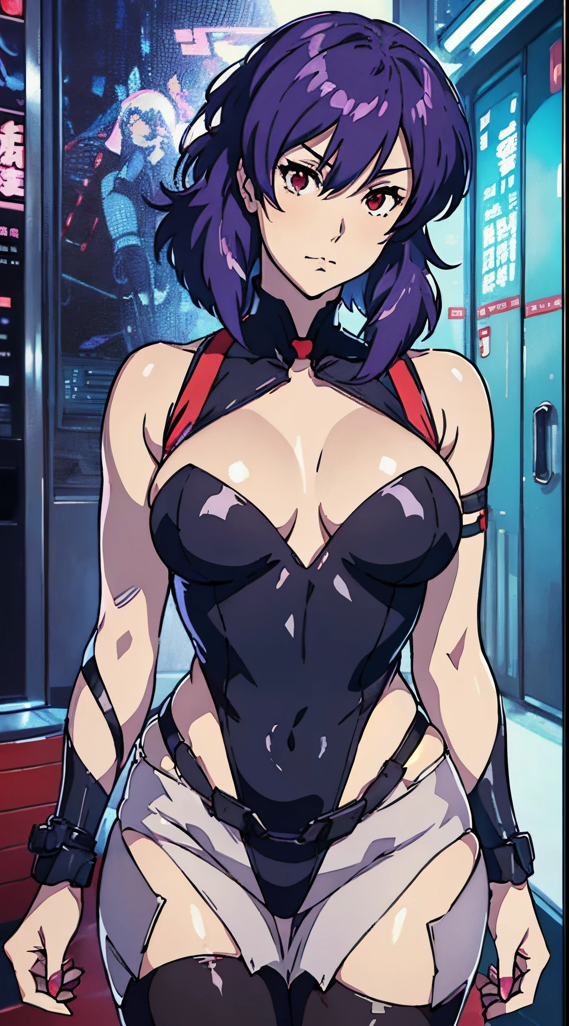 kusanagi motoko, Purple colored hair, red eyes,Anime style woman wearing black tights， anime《Fantasma na Concha》Curly, kusanagi, Misato Katsuragi, Inspired by Morikage Hisumi, anime, Fantasma na Concha, Ghost in the Shell style,seductive anime girls, Anime cute art style, smooth anime cg art, thicc, Anime girl wearing black dress, photorealistic anime girl rendering, ECCHI anime style, realistic anime 3D style, attractive anime girls, noire moody scene, [ 4K digital art ]!!