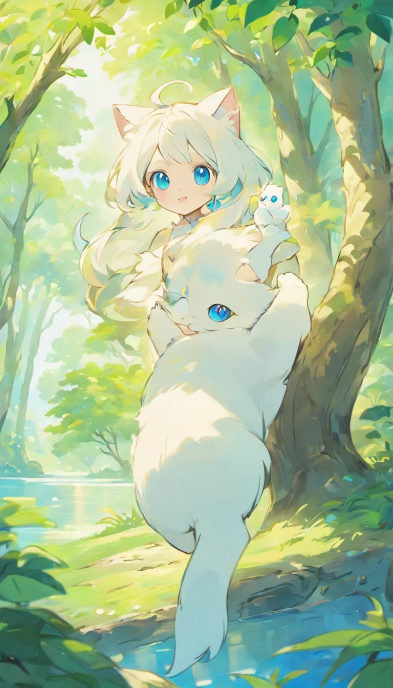 White cat、Blue eyes、sidelong glance、Inside a fantastic forest with a large lake in the background、Elegance、narrow her eyes、Fantastical、hali々and has、Condescending、Go straight towards the tree branch