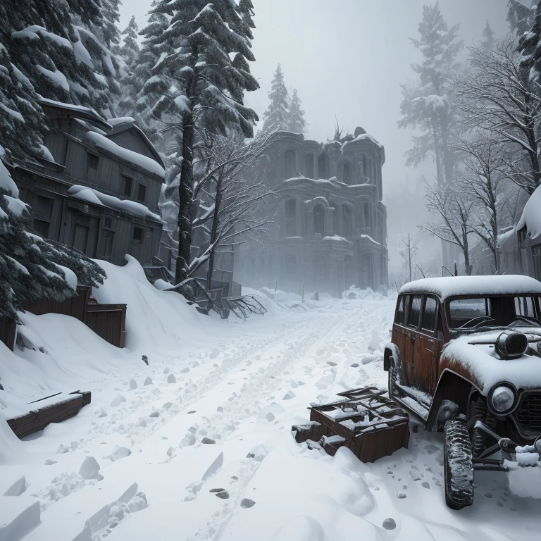 masterpiece,
best quality, ultra-detailed, (photorealistic), snow, (blizzard:1.5), post apocalyptic, ruins of war,
