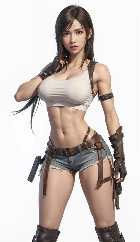 (best quality,ultra-detalhado),(Realistic:1.37),Tifa Lockhart, Rosto bonito e detalhado, expression of anger, maquiagem preta nos olhos, textura ultra realista, rosto delicado, corpo delicado, Fit physique