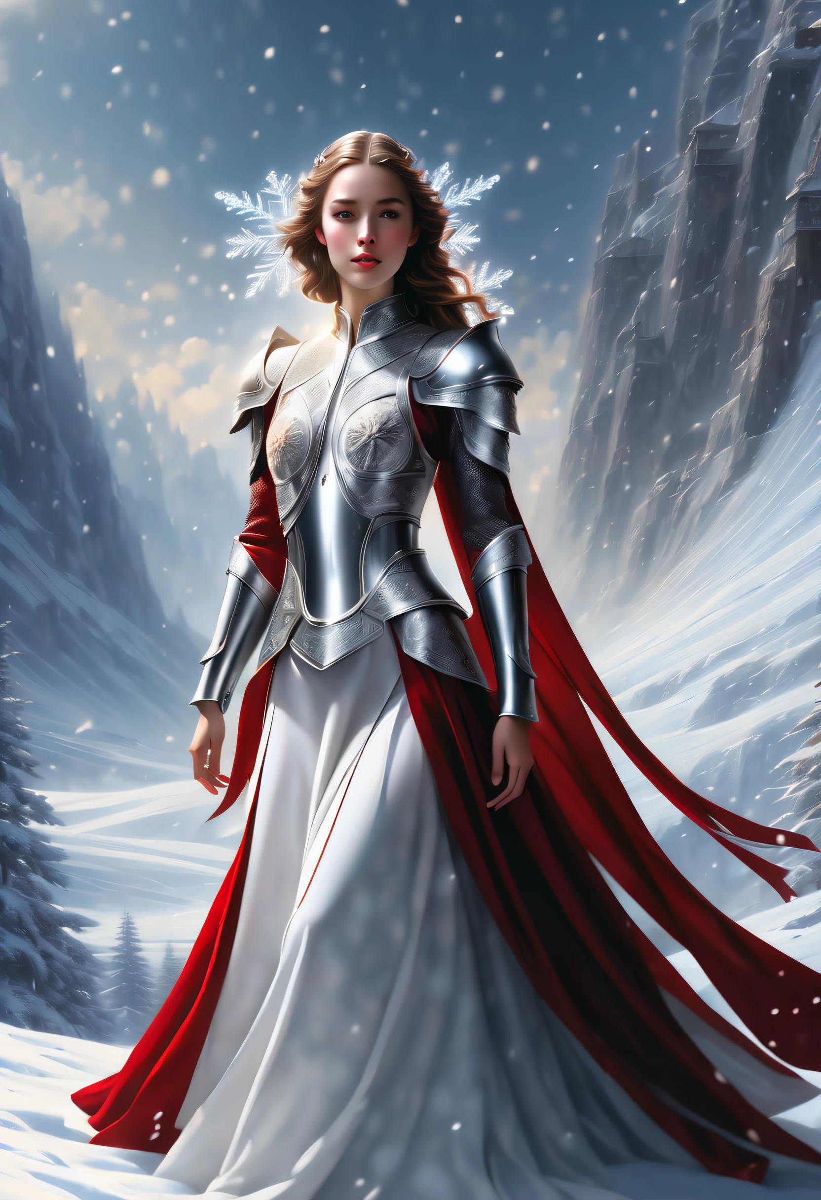 Exquisite and delicate majestic illustration visual white and red knight, (((With angel core, eternal fantasy and dark fantasy style:1.3))), crying screaming cute woman, (((snowflake core landscape detail glow:1.4))), In the howling wind and swirling snow、Enhance the cinematic feel of this realistic rendering。, (((Noble fine detail coating:1.3))), high intricate detailed, (((hightquality:1.3))), (((Highest Quality:1.3))), (((Smooth and non-fluid skin:1.2))), (((beautiful detail、Dim glow:1.1))), Conceptual contrast, Natural lighting, All captured with sharp focus, Render in astonishing 32K resolution,