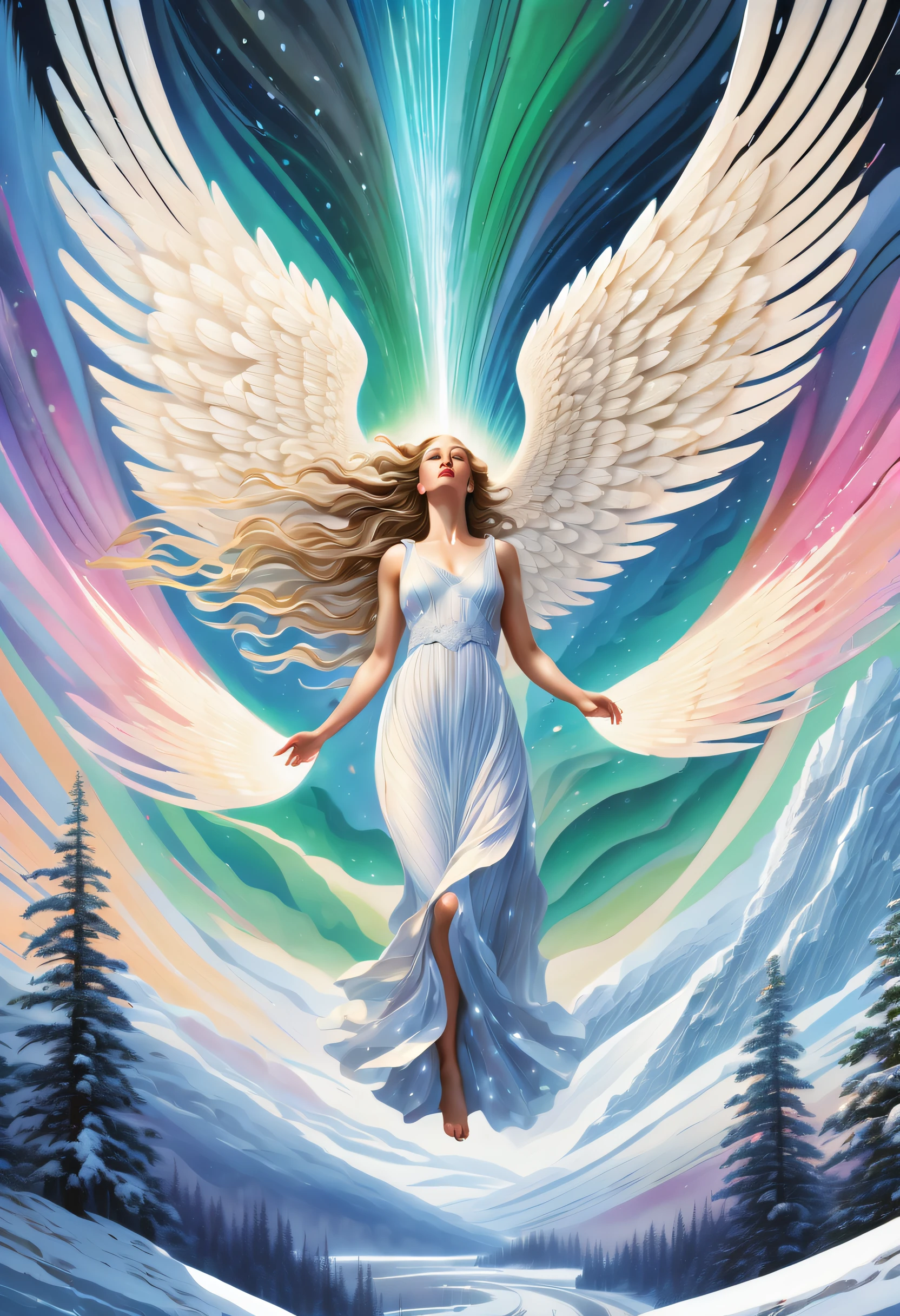Exquisite and delicate abstract high-tech illustration, Angel Core and Eternal Fantasy, crying screaming cute woman gouache, (((Aurora core scenery:1.1))), Howling wind and swirling snow、Enhance the cinematic feel of this realistic rendering。, Details of the aristocratic landscape, high intricate detailed, (((hightquality:1.4))), (((Highest Quality:1.4))),