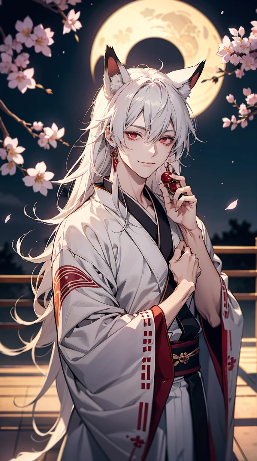 Japanese style,[Touken ranbu], [Kogitsunemaru],smile,fox ears,cherry blossoms,1young guy,best quality, more details, masterpiece, slanted eyes,red  eyes, portrait, male focus, solo, moonlight, fantastic, nail polish, white  hair, long  hair,luxurious, 8k, detailed, ray tracing, depth of field, cinematic lighting,cool face,kimono