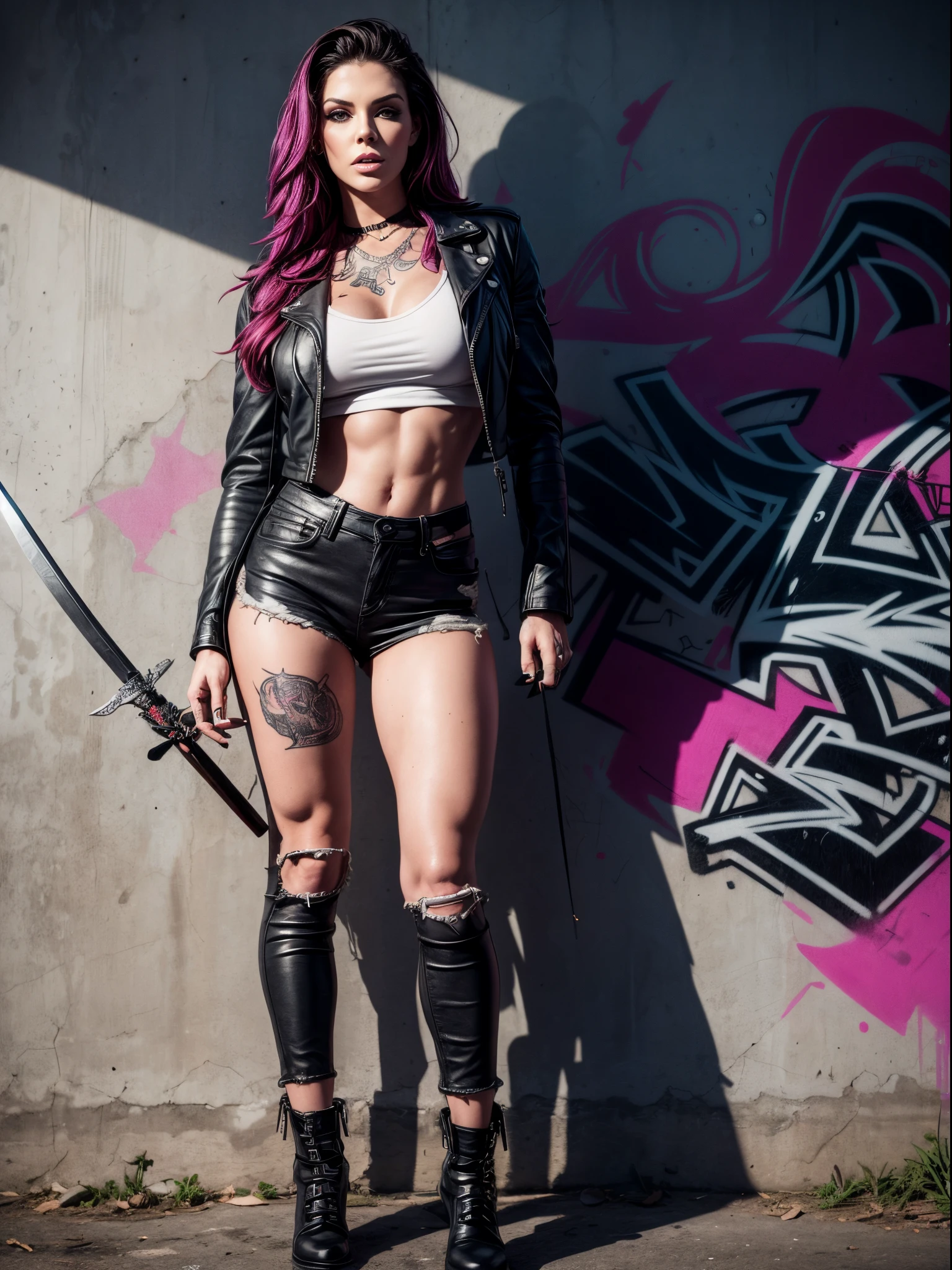 Very aesthetic inkpunk illustration, Alison Tyler, woman, full body, parted lips, holding a magic spear in his right hand, punk leather jacket black clothes, ripped jeans, white t-shirt, , graffiti wall background, art by MSchiffer