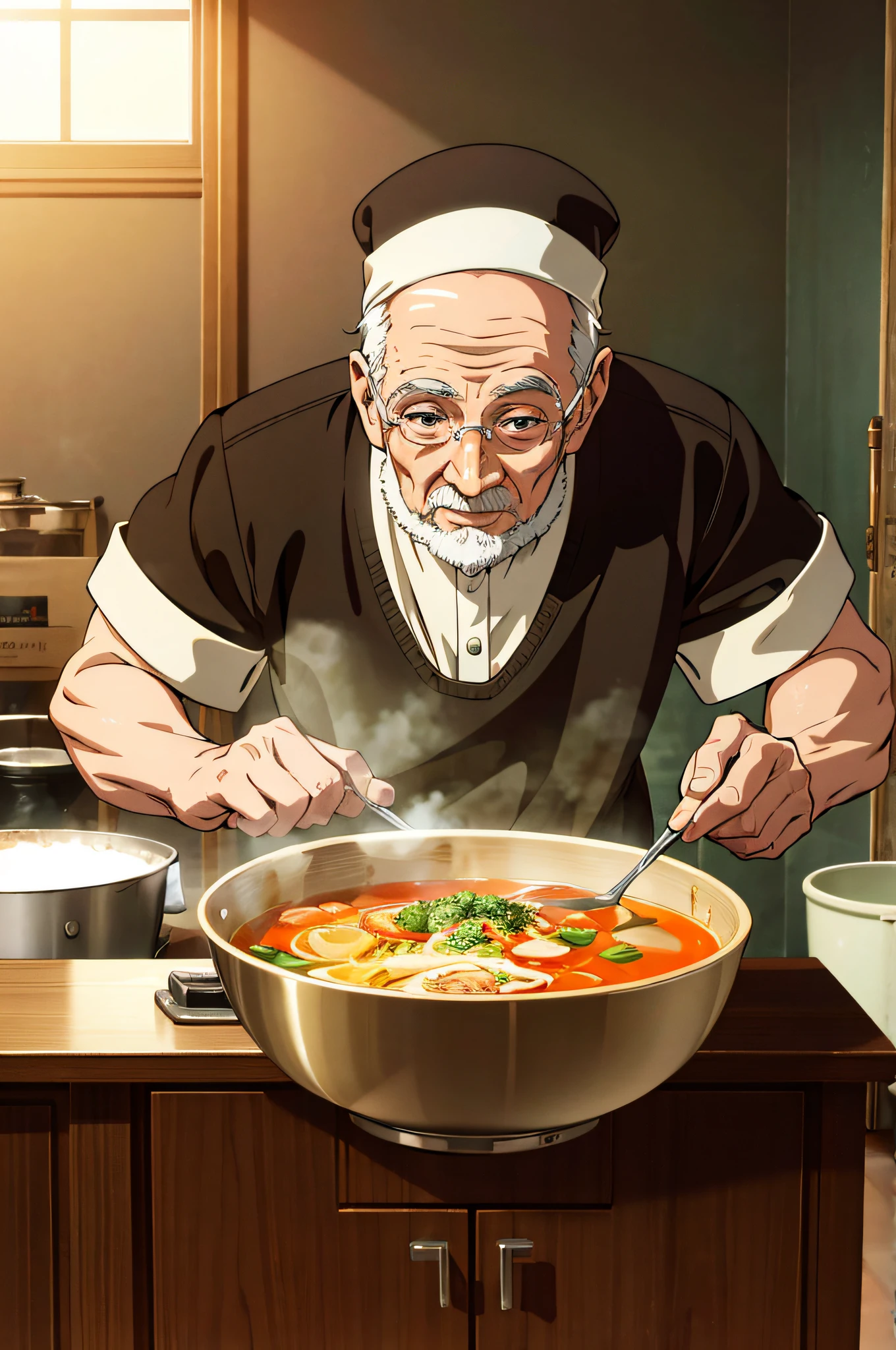 Beautiful character design, official art,extremely detailed CG unity 8k wallpaper, perfect lighting,Colorful,old man, (masterpiece:1.0),(best_quality:1.0), ultra high res,4K,ultra-detailed, photography, 8K, HDR, highres, absurdres:1.2, Kodak portra 400, film grain,chef,soup, soup kitchen,glasses,smiling