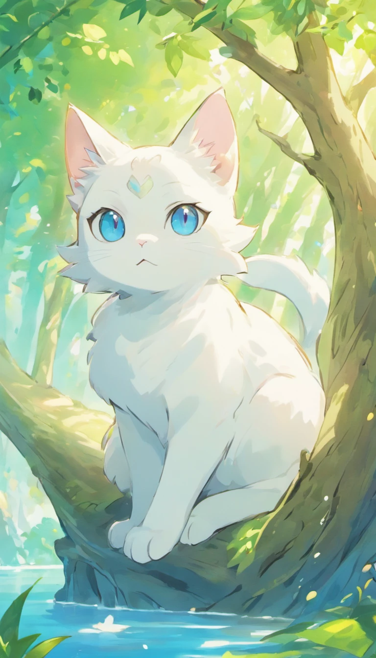 White cat、Blue eyes、sidelong glance、Inside a fantastic forest with a large lake in the background、Elegance、narrow her eyes、Fantastical、hali々and has、Condescending、Go straight towards the tree branch