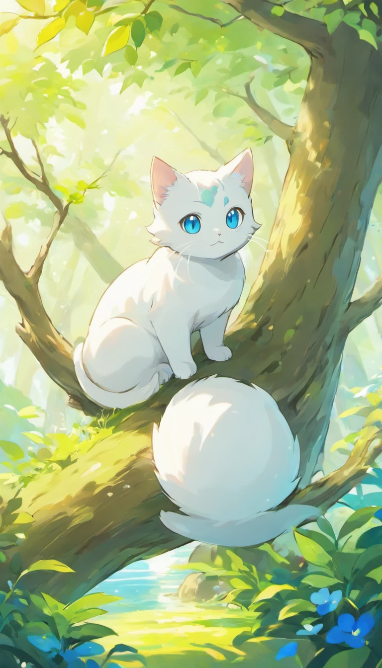 White cat、Blue eyes、sidelong glance、Inside a fantastic forest with a large lake in the background、Elegance、narrow her eyes、Fantastical、hali々and has、Condescending、Go straight towards the tree branch