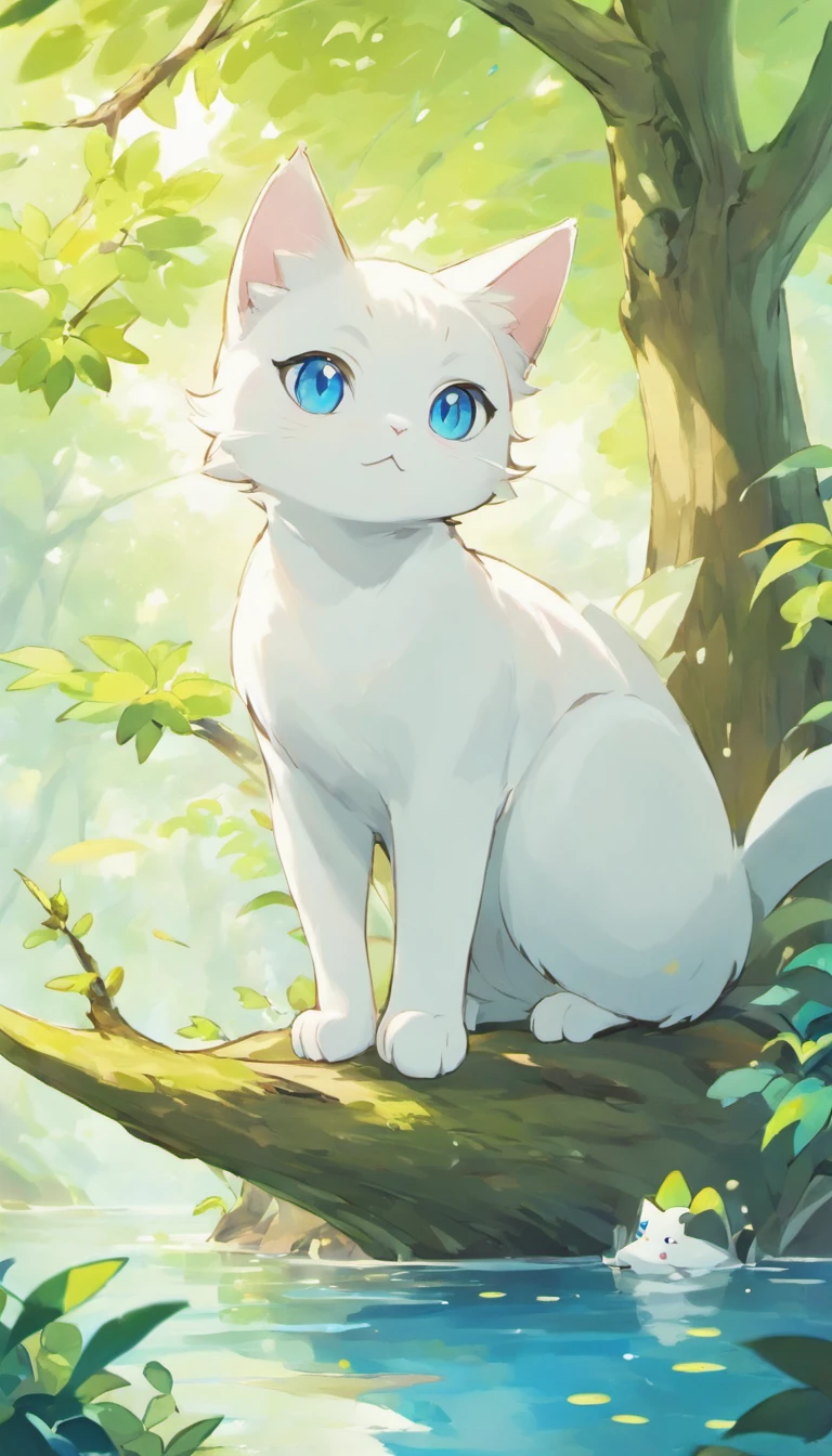 White cat、Blue eyes、sidelong glance、Inside a fantastic forest with a large lake in the background、Elegance、narrow her eyes、Fantastical、hali々and has、Condescending、Go straight towards the tree branch