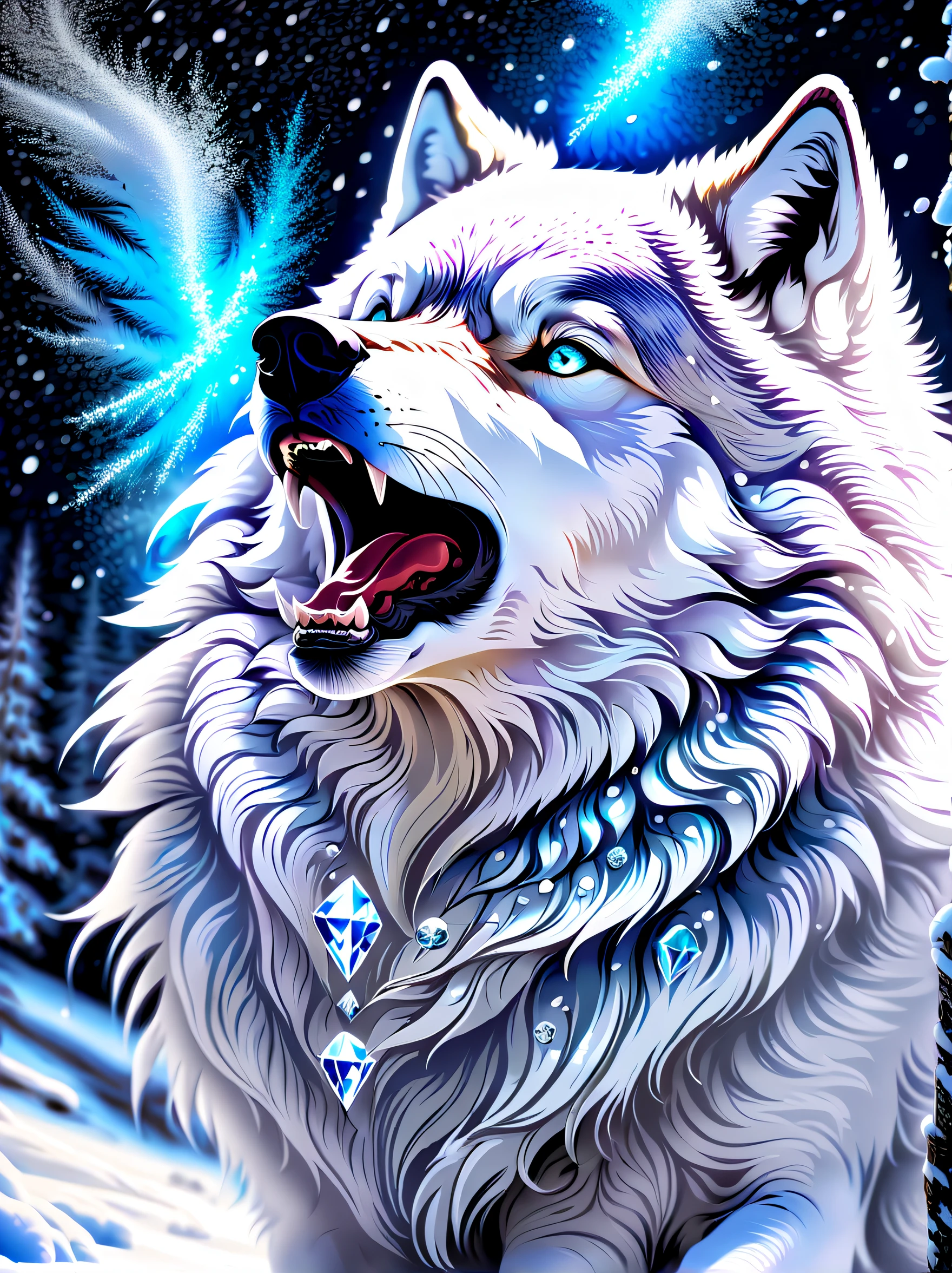 A majestic high-quality white wolf stands on the top of a snowy mountain。, (dimly glowing fur:1.2), (((Diamond dust that shines beautifully is made of fine ice crystals.:1.4))), (((Effect coating of howling wind and swirling snow:1.5))), (((Psychedelic nebula castaway with dark rich colors, In the style of snowcore and eternal fantasy, Cool tones, Beautiful detail glow, (((highly intricate detail:1.4))), (((Intricate and insanely detailed snow:1.3))), Conceptual contrast, Complex surface details, Best Quality, Beautiful detailed eyes, Movie-like realistic gel feel_Ink Rendering. Detailed drawing, Absurd resolution, (((super fine details:1.3))), (Complex insane detail coloring:1.3), (precise detail painting:1.3),